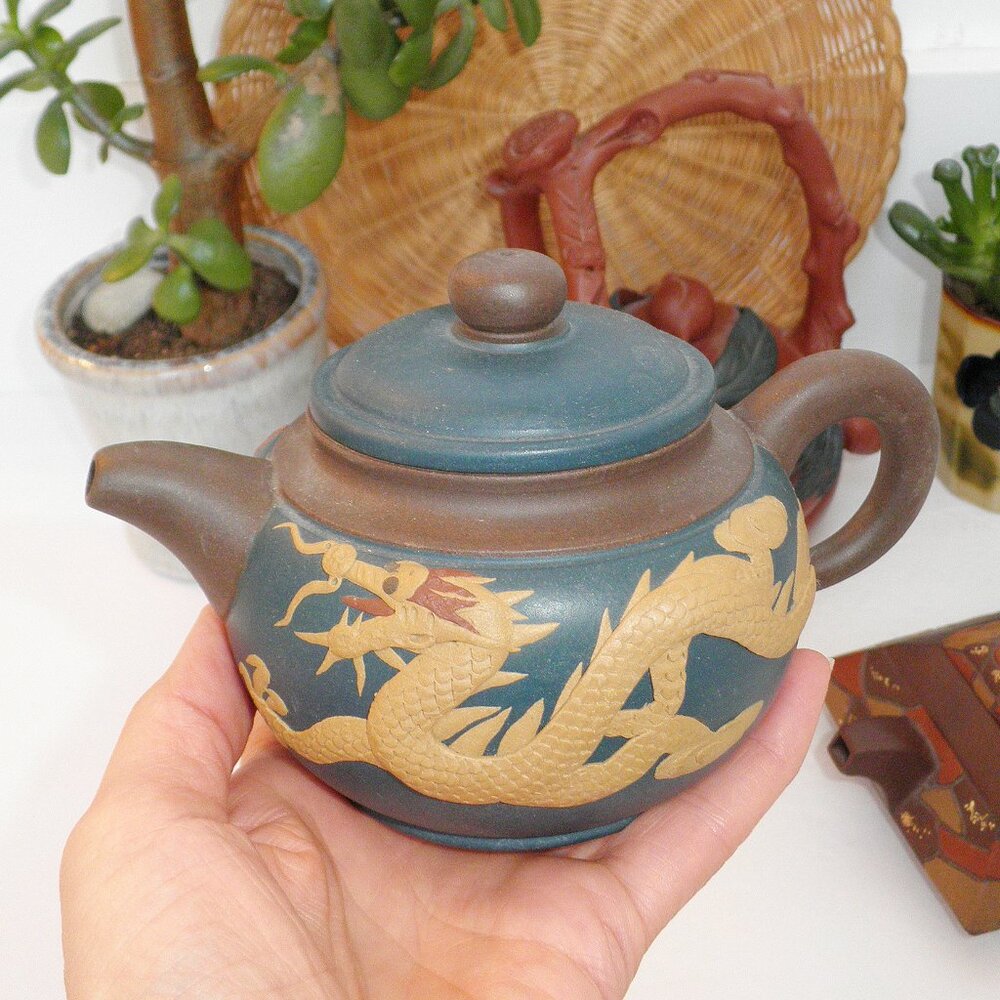 Vintage Chinese Yixing Zisha Pottery Clay Asian Teapot Phoenix & Dragon Decor